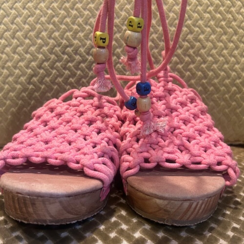 Free People Candy Pink Crochet Lace Up Wooden Heel Clogs NEW - Picture 6 of 16